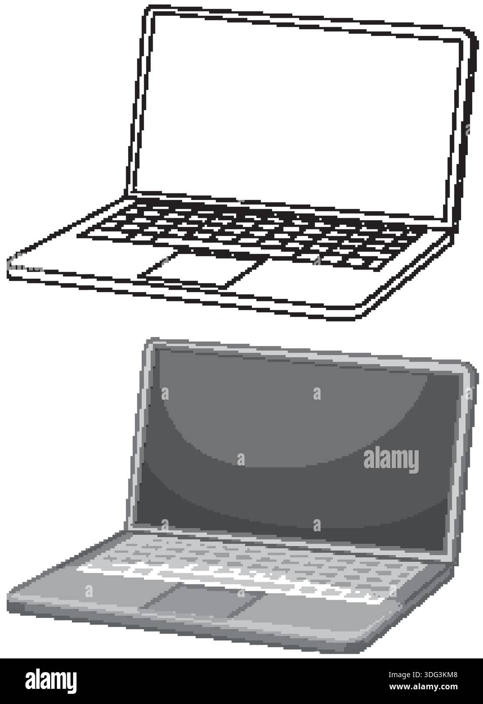 Two open laptop computers presented in simple black line art and shaded grayscale vector styles Stock Vector