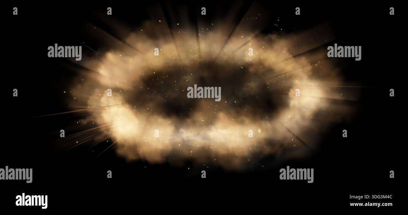 Brown dust explosion effect on black background. Vector realistic ...
