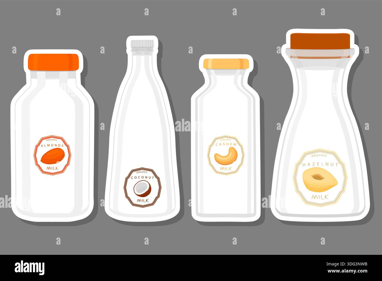 Illustration on theme big set different types chilled milk in bottles various size, milk beverage consisting of collection accessory plastic bottles t Stock Vector