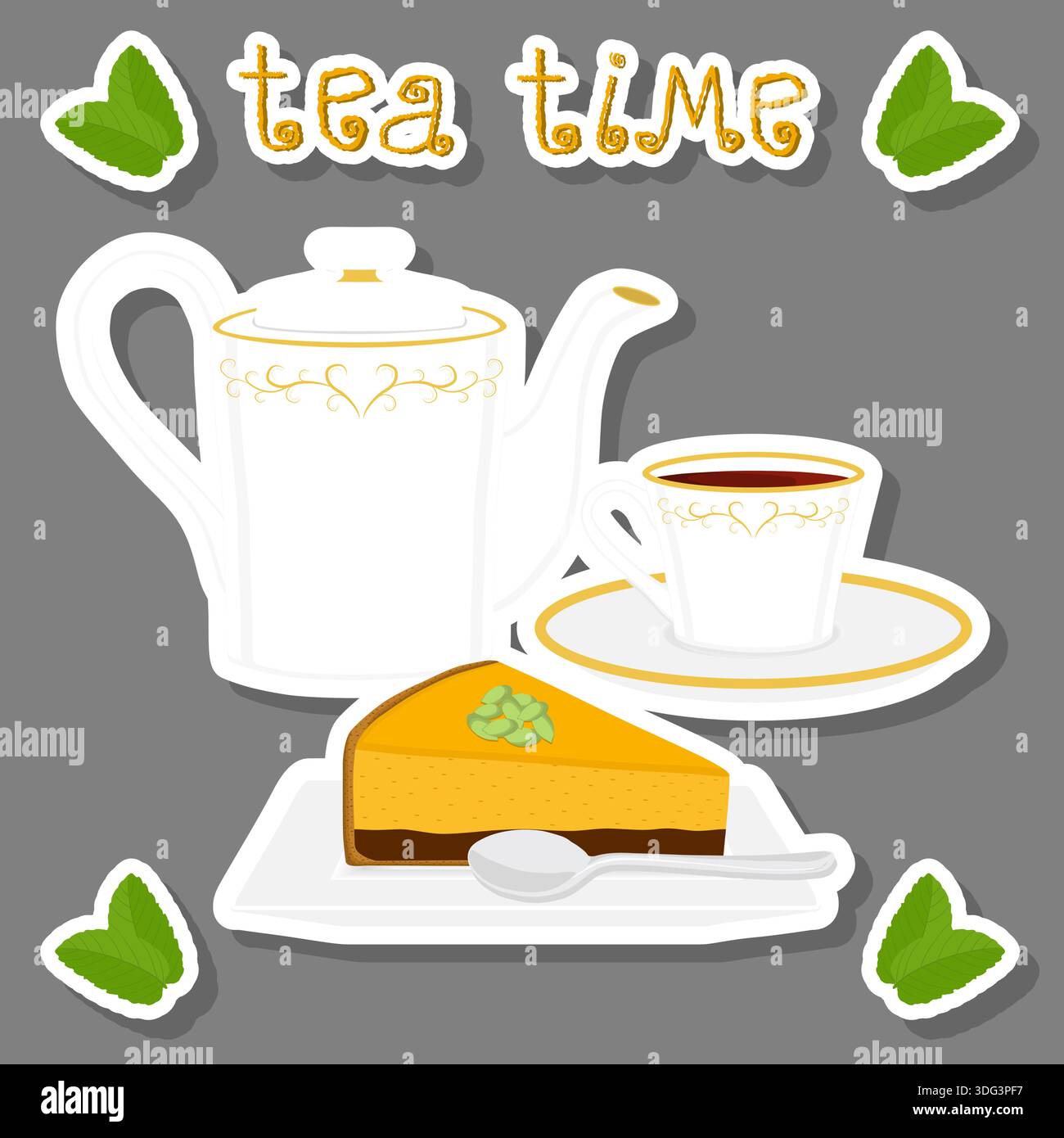 Illustration on theme set of teakettle for tasty tea with sweet dessert cheesecake, tea in teakettle near cheesecake it accessory on kitchen, fresh sa Stock Vector