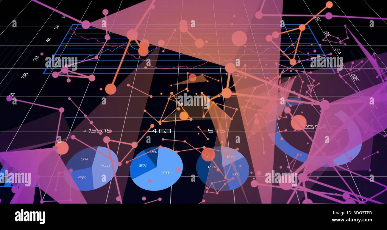 Displaying 3D dashboard on dark grid with perspective, network nodes, blue pie charts Stock Photo