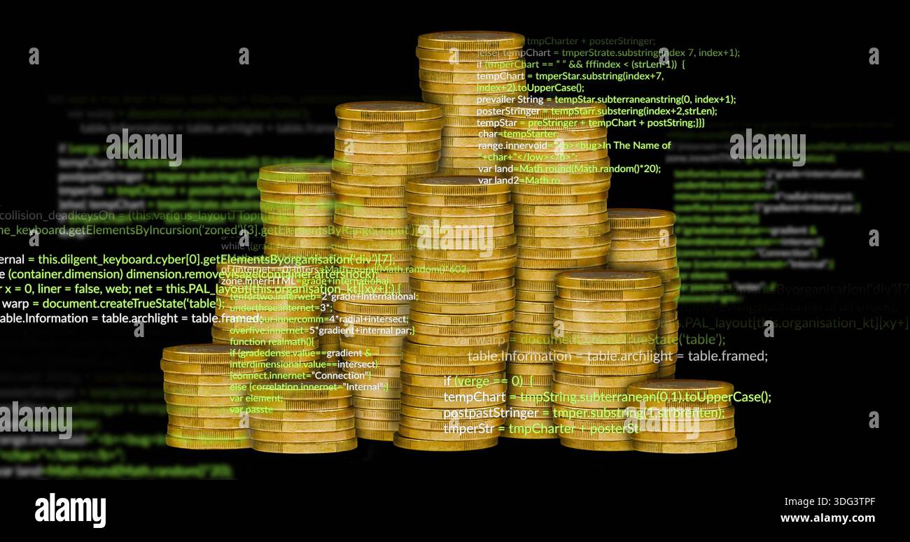 Displaying stacked gold coin piles shimmering on studio black backdrop, with floating code overlay Stock Photo