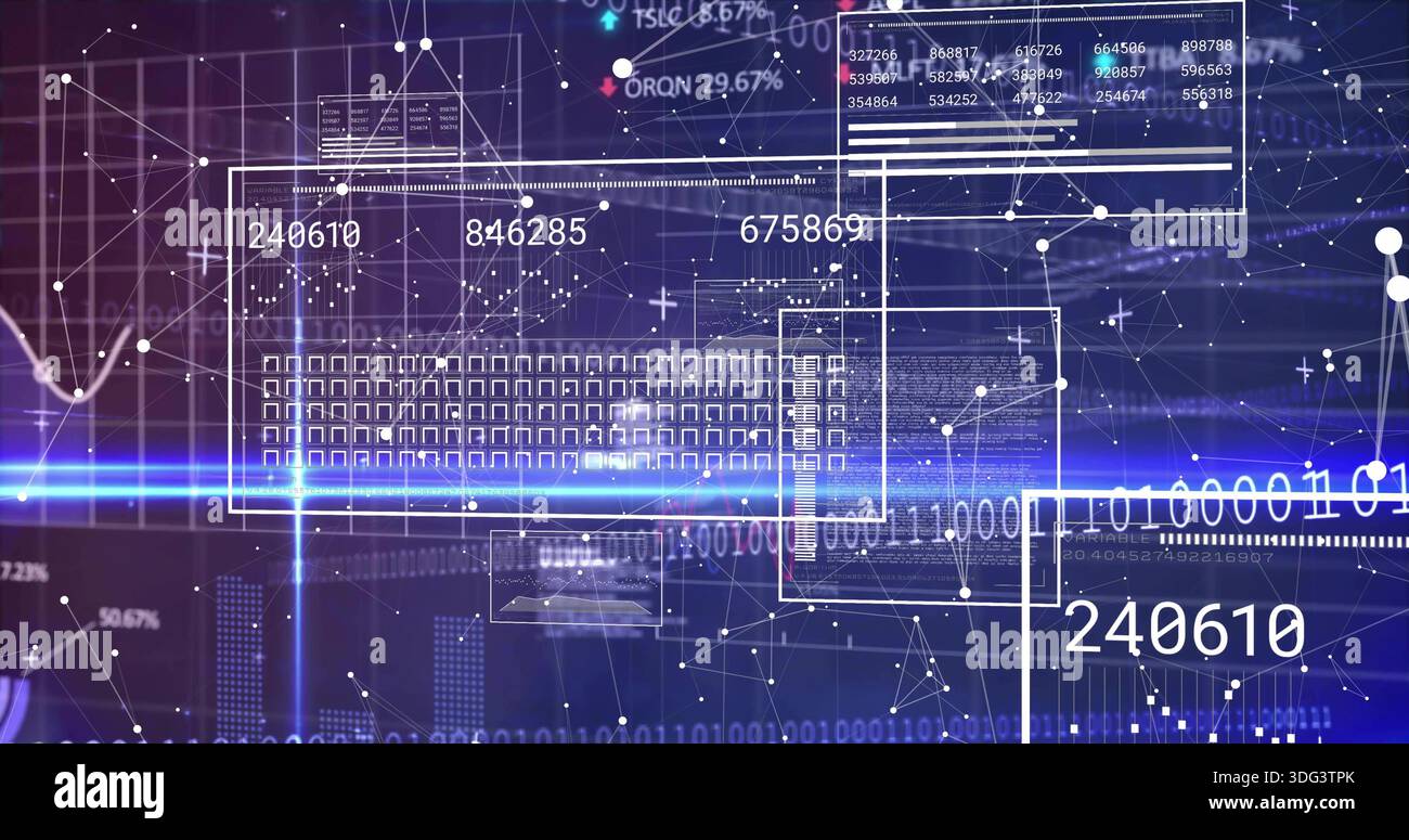 Displaying central data overlay on analytics dashboard, showing numeric readouts and grid Stock Photo