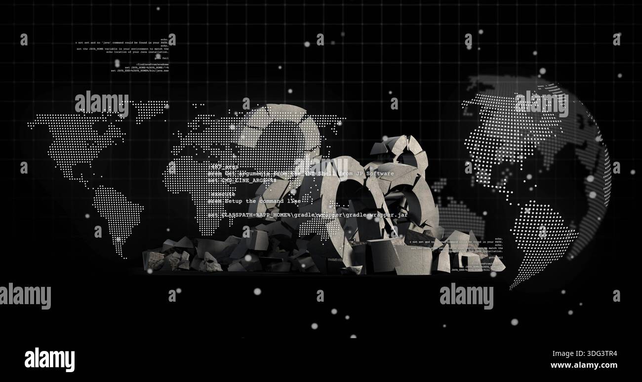 Displaying central broken-ring sculpture, rubble in digital matrix with dotted globe and code Stock Photo