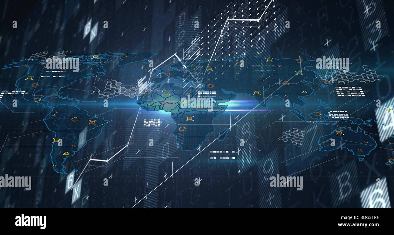 Projecting holographic world map highlighting green land in data interface, with hex grid and nodes Stock Photo