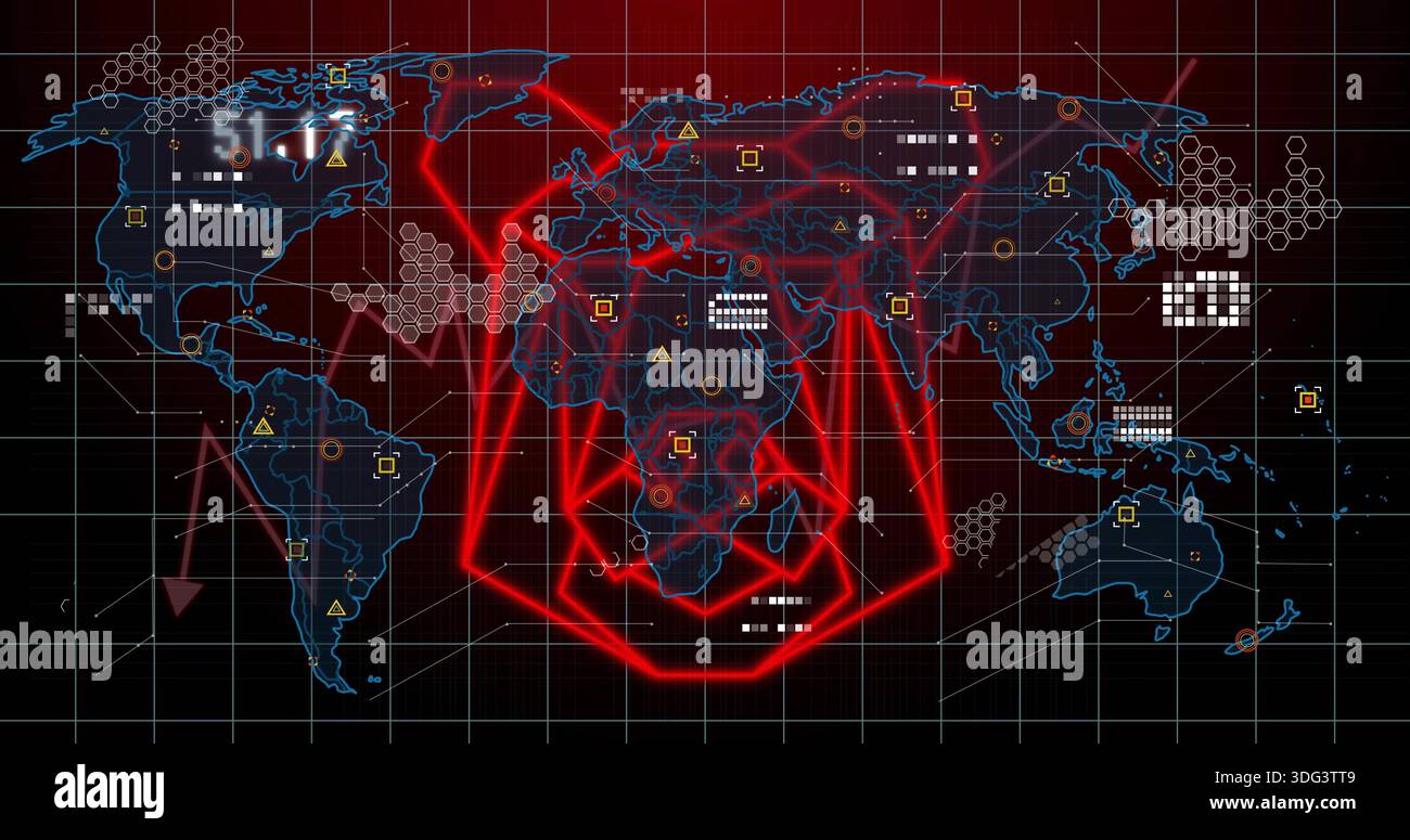 Displaying stylized world map highlighting neon arcs on dark red grid interface, with hex clusters Stock Photo