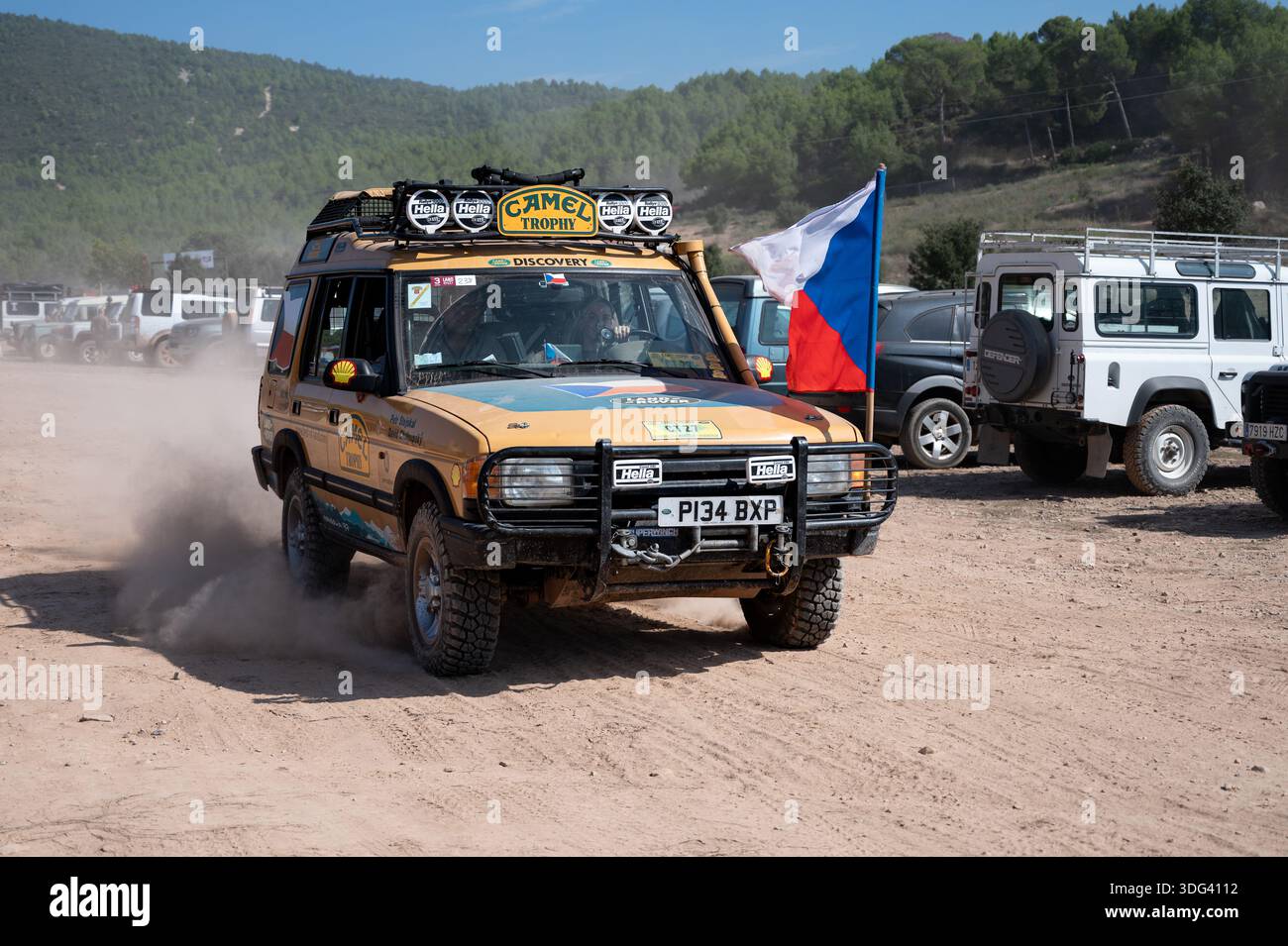 Front view of an iconic yellow Land Rover Discovery Camel Trophy ...