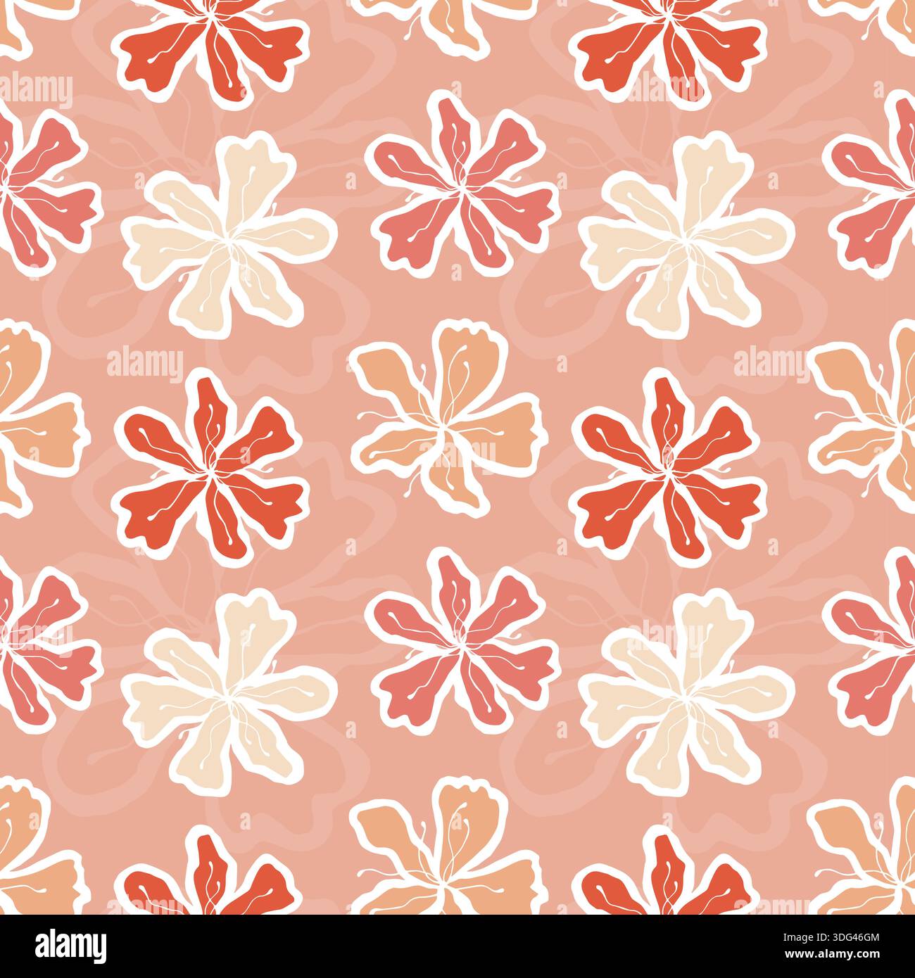 Pink Bac Romantic pattern of pink flowers, stylized outline drawing of flowers ...