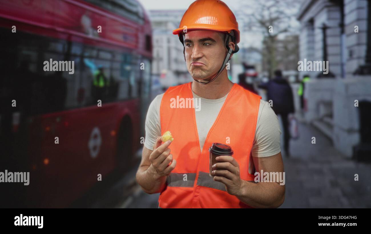 Man engineer in orange hardhat and safety vest holding coffee cup and pastry on a busy street; work break content. Stock Photo