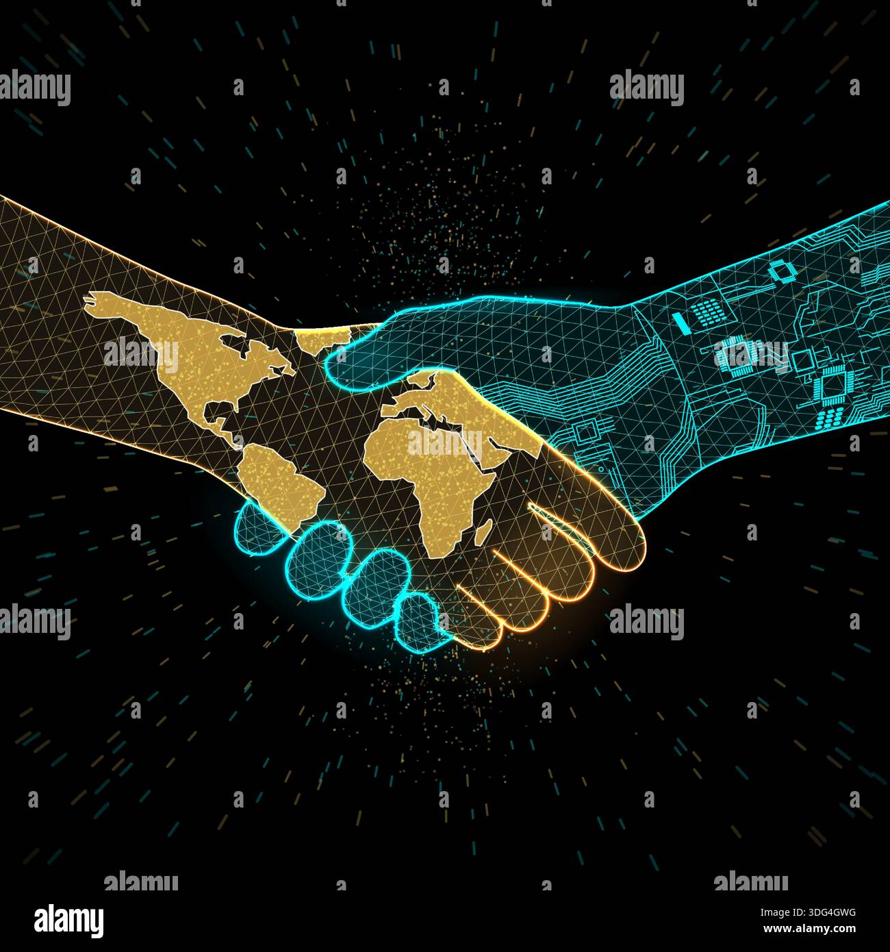 Global Digital Synergy Futuristic Handshake Between World Map and ...