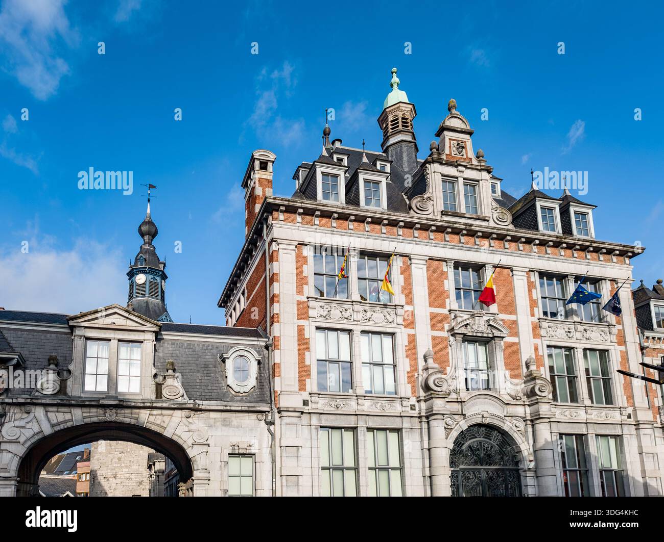 A detailed view of La Bourse in Namur, showcasing its elegant historic architecture, stone façade, arched windows, and cultural significance in the he Stock Photo
