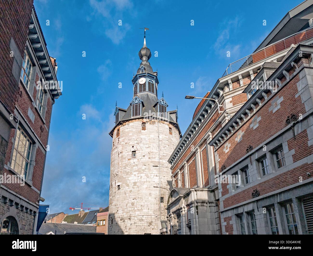 A detailed view of the historic Belfry of Namur, showcasing its stone tower, clock, fortified architecture, and cultural significance as a UNESCO‑list Stock Photo
