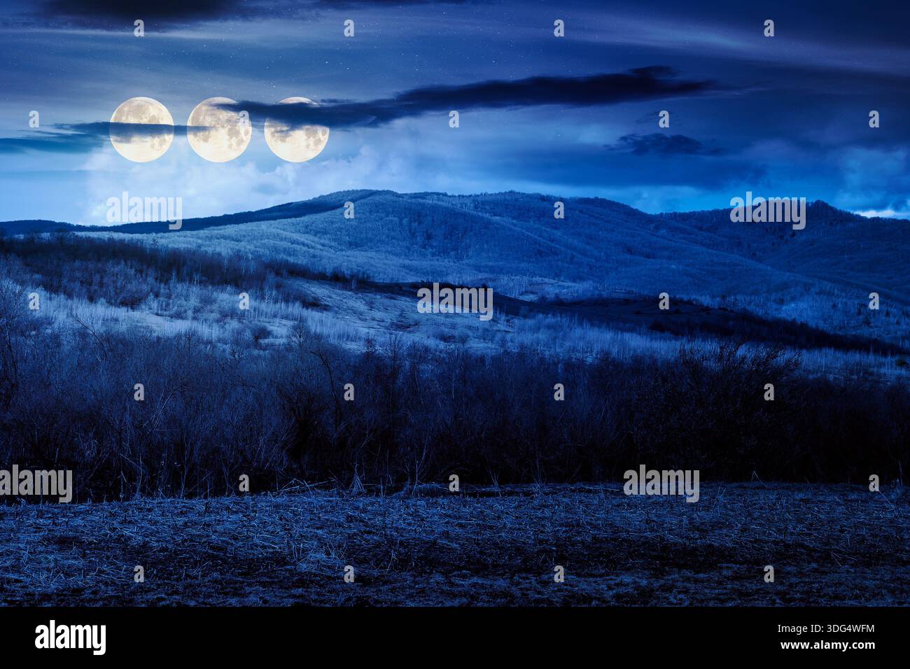beautiful view of countryside scenery with field in march in full moon light. backdrop for fiction art or mystery concepts Stock Photo