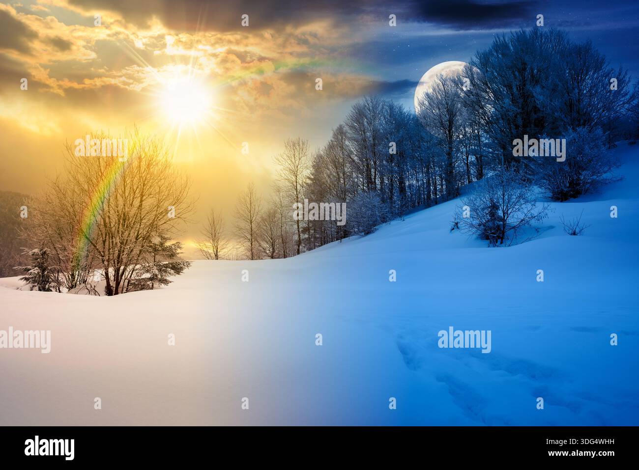 gorgeous winter landscape in mountains. day and night time change concept. beautiful trees in hoarfrost on snow covered hill with sun and moon. glowin Stock Photo