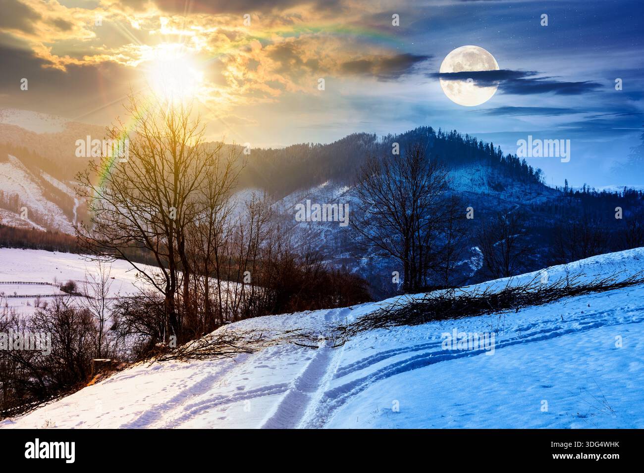 winter solstice landscape with snow covered forested hills. day and night time change concept. mountains in cold weather under sky with sun and moon. Stock Photo