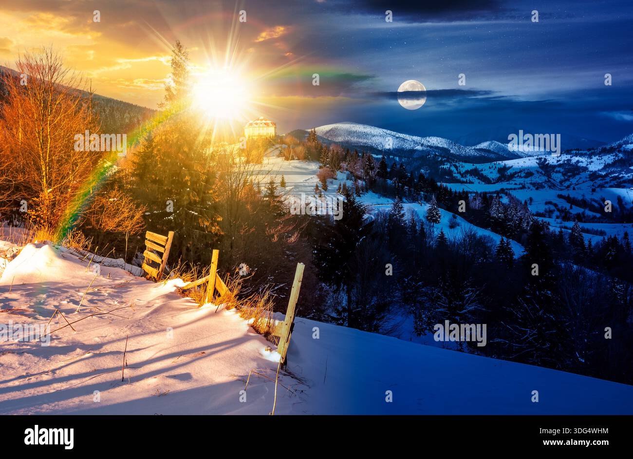 countryside in mountains. time change concept. lovely scenery with wooden fence and coniferous forest on snowy slope with sun and moon. village on dis Stock Photo
