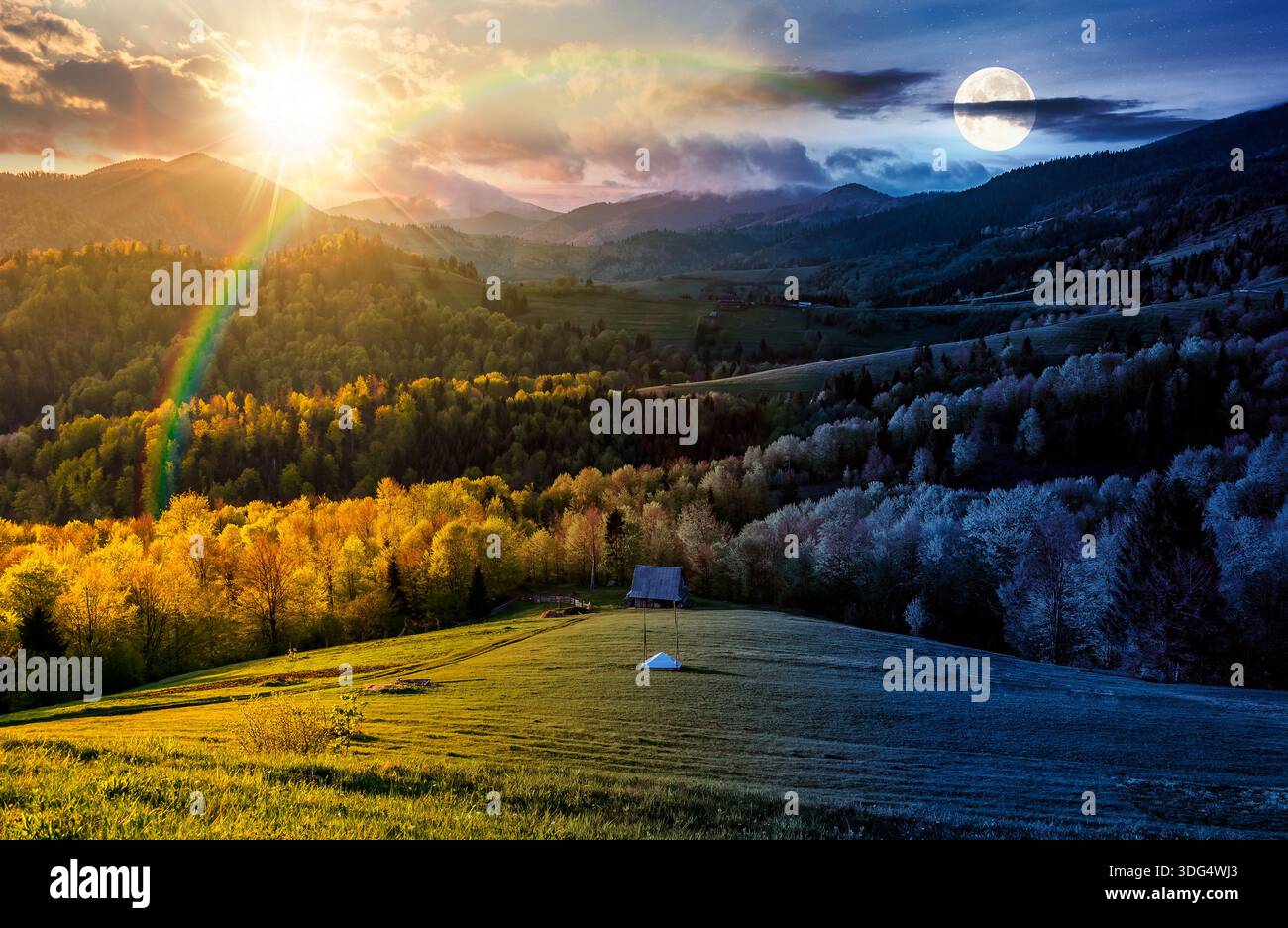 mountain rural area in springtime. day and night time change concept. agricultural fields on hills with forest with sun and moon. beautiful countrysid Stock Photo