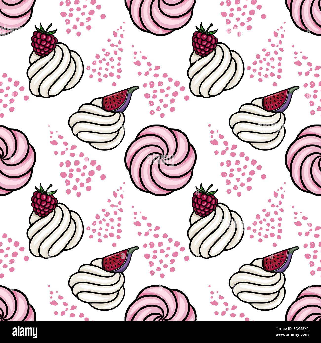 Whimsical seamless vector pattern of fluffy meringue swirls with fresh raspberries and fig slices, set against a backdrop of scattered pink dots. Stock Vector