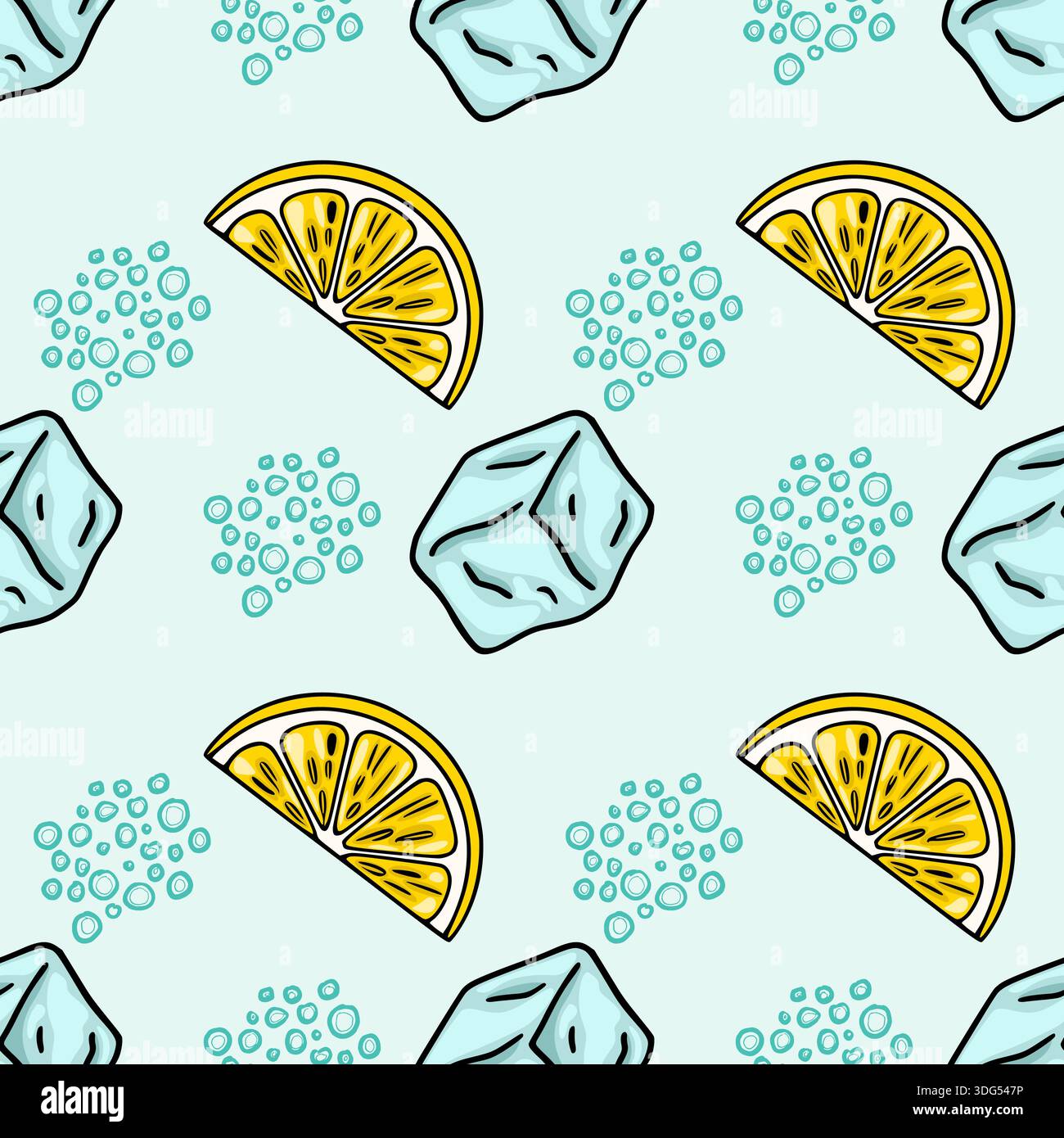 Refreshing lemon slice and ice cubes seamless pattern vector illustration Stock Vector