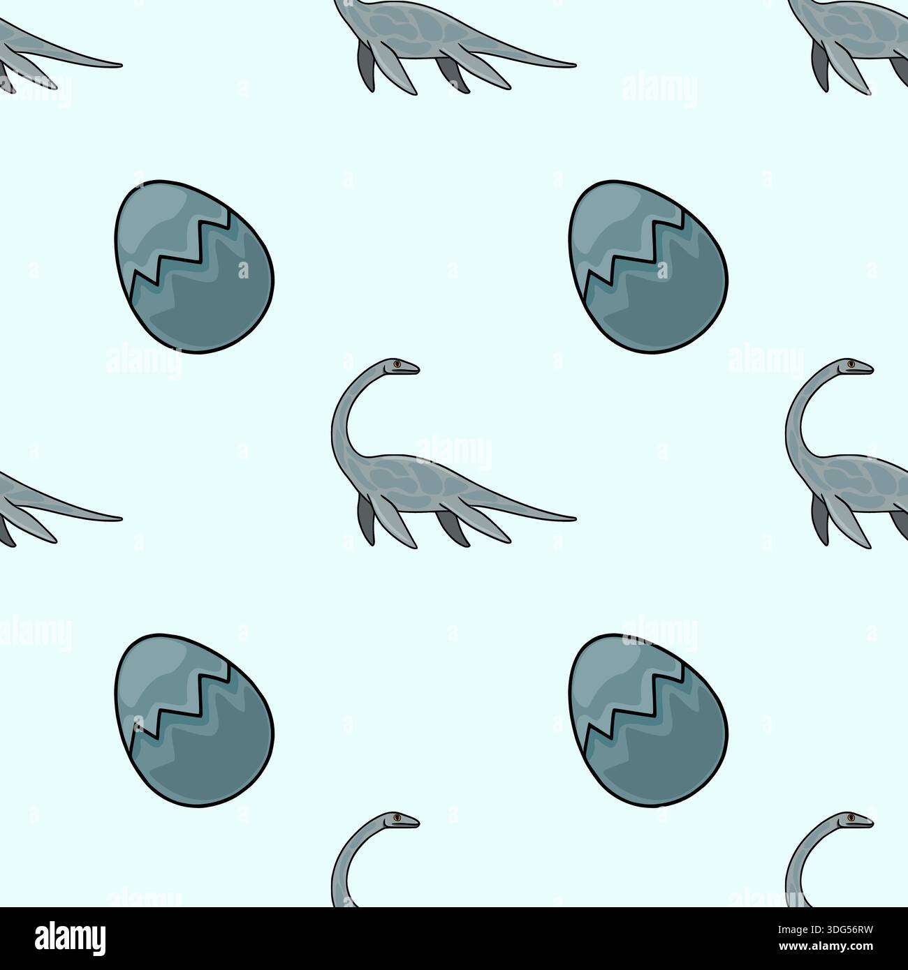 Seamless vector pattern of cute plesiosaur dinosaurs and cracked eggs on a pale blue background. Stock Vector