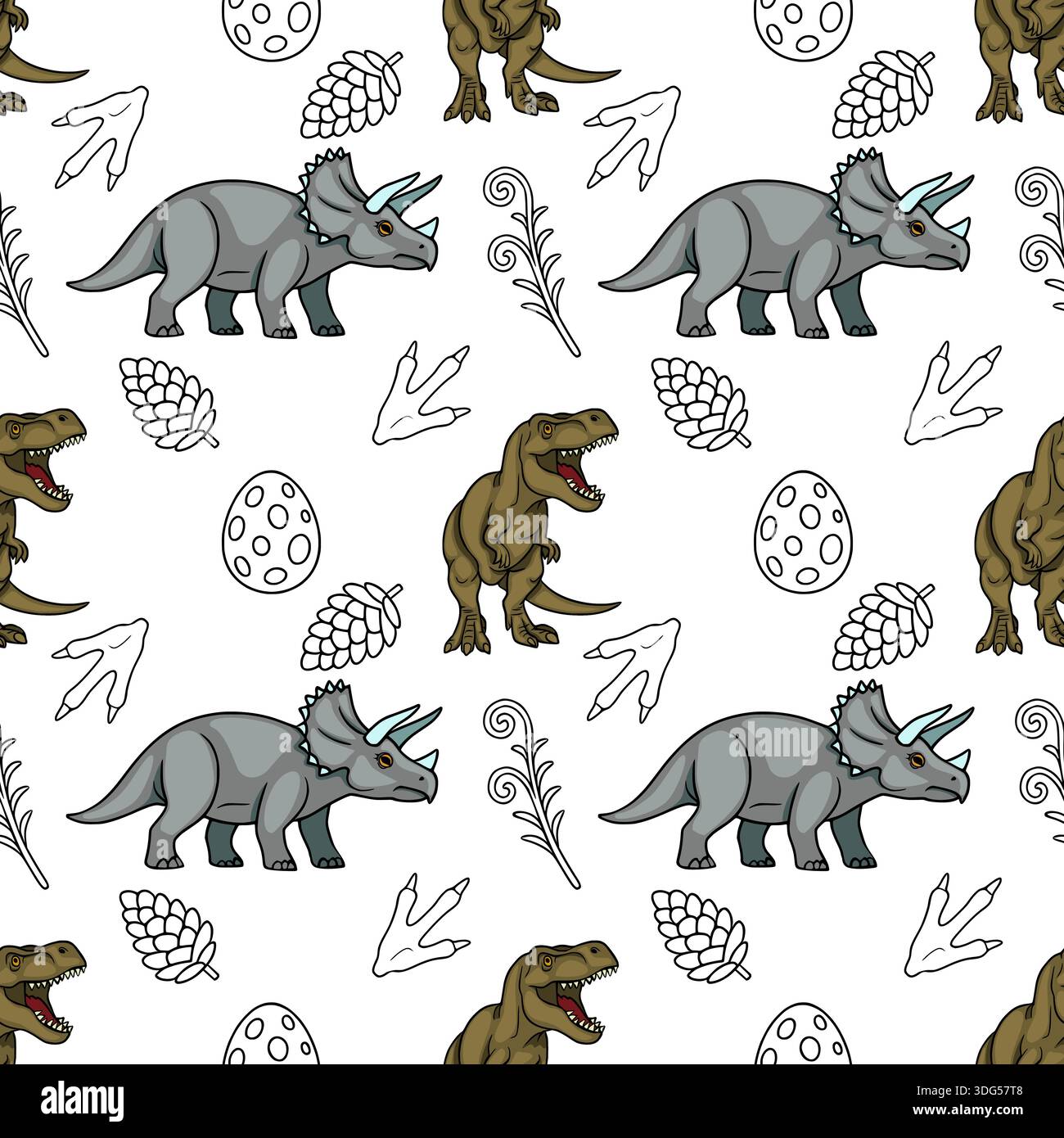 Adorable dinosaur vector pattern with triceratops, t-rex, eggs, footprints, and pinecones Stock Vector