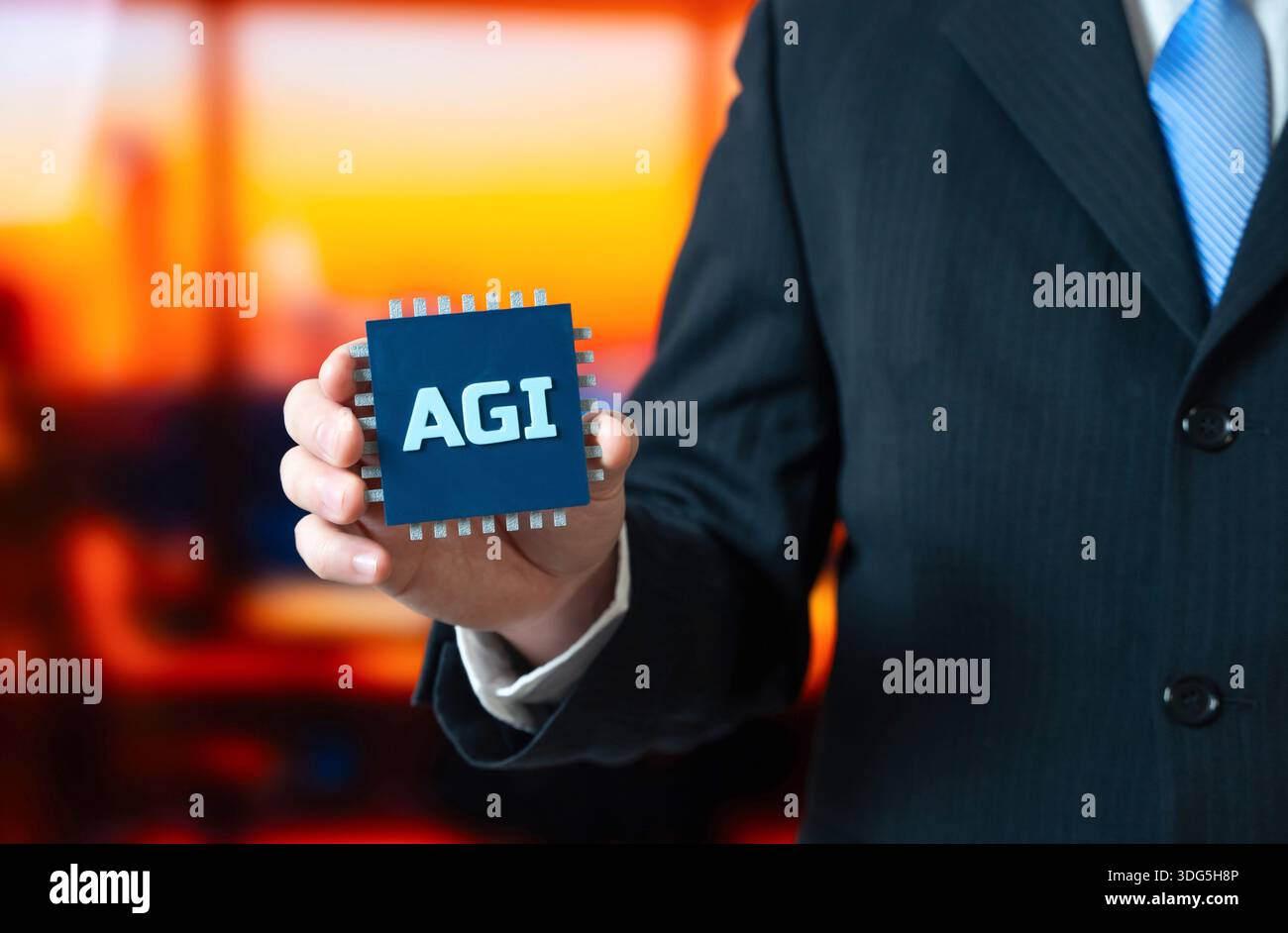 New computer chips AGI. Artificial General Intelligence. Breakthrough semiconductor technologies enabling advanced computing, machine learning evoluti Stock Photo