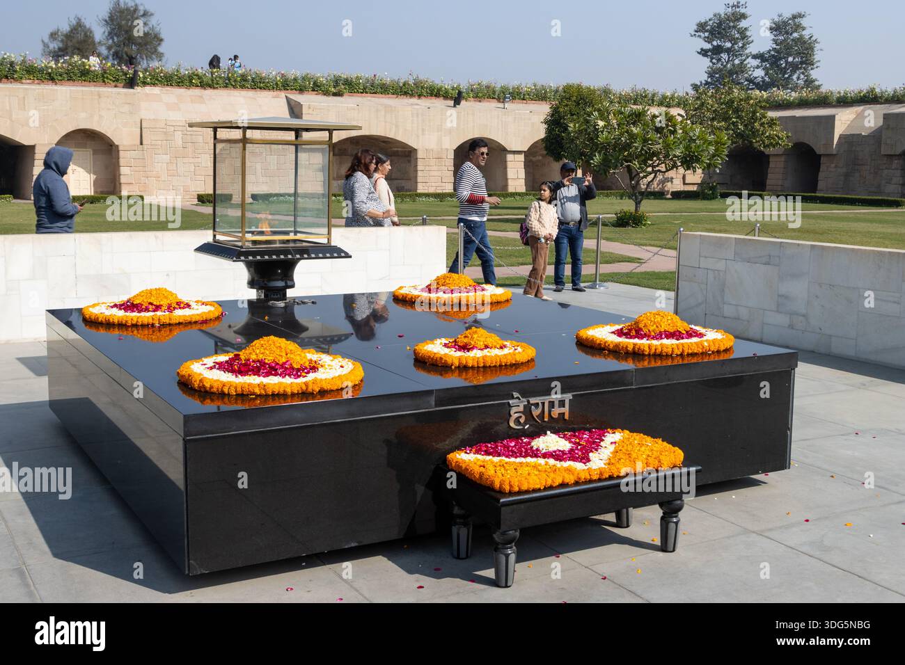 Black marble memorial at Raj Ghat in Delhi, dedicated to Mahatma Gandhi ...