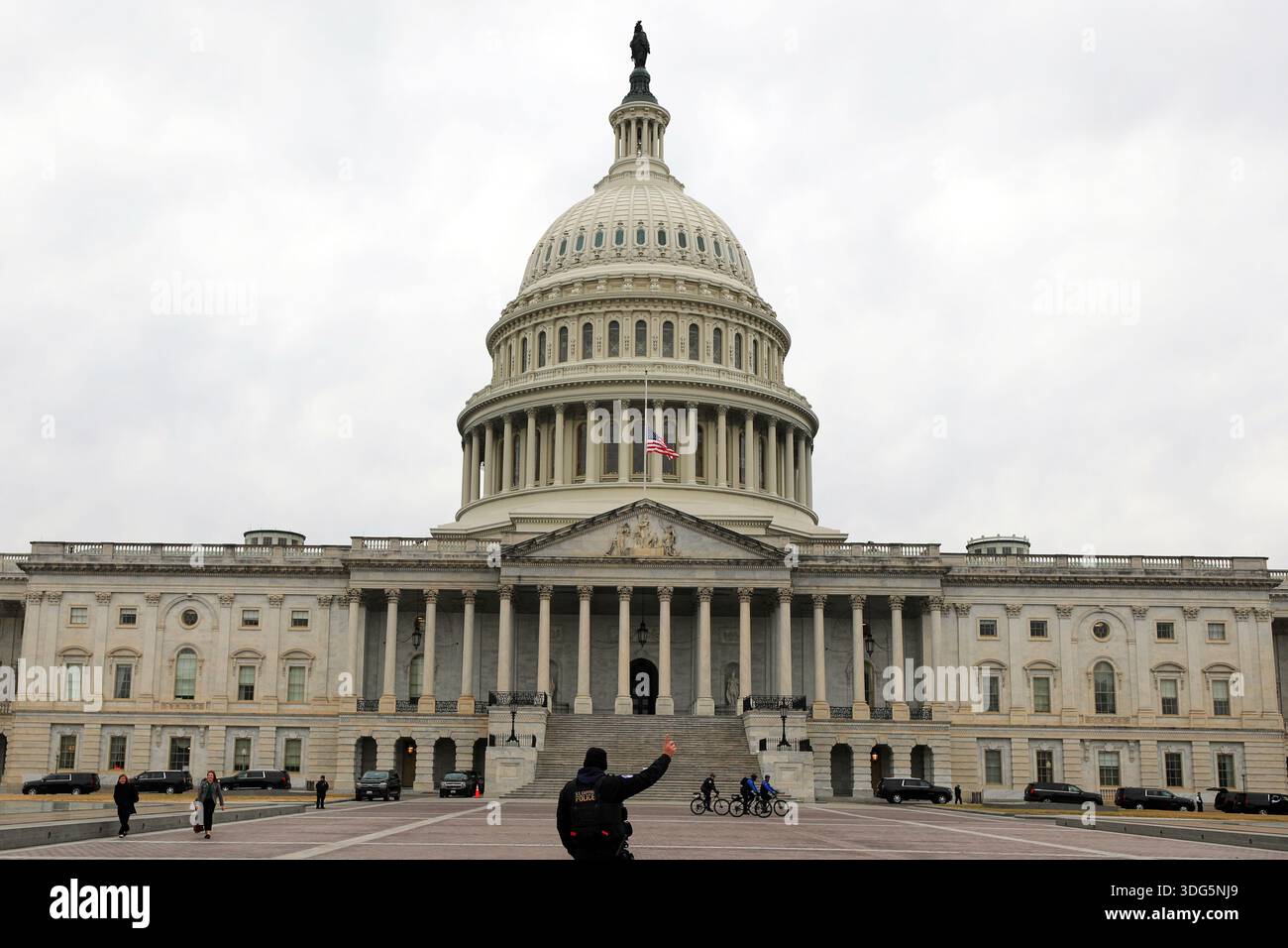 A U.S. Capitol Police officer patrols on the East Front of the U.S ...
