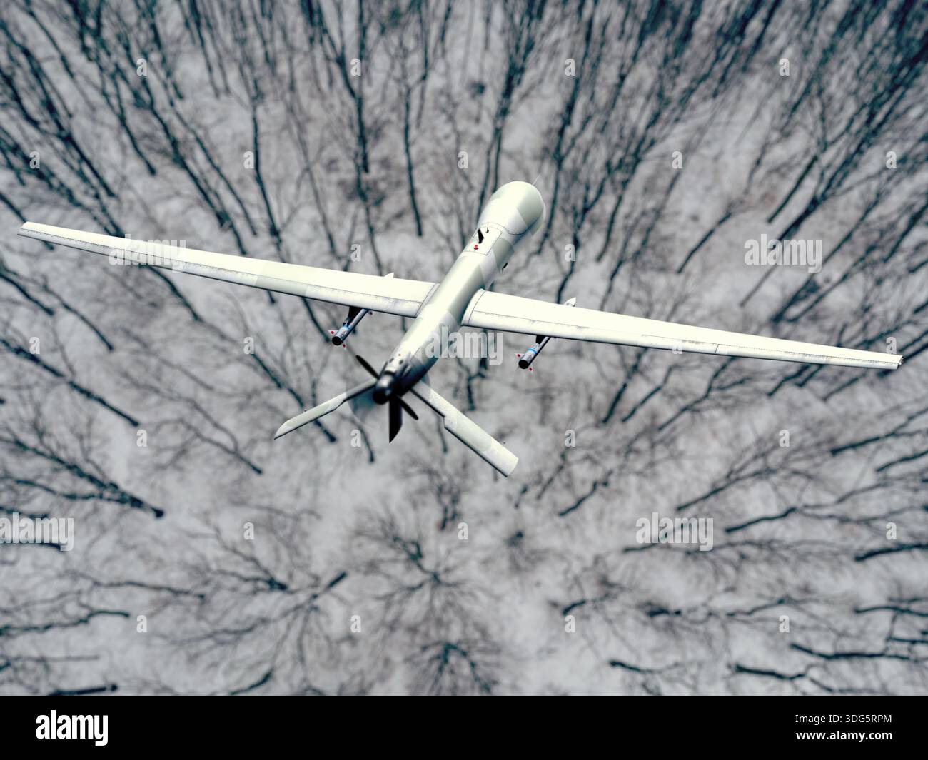 Unmanned military aerial vehicle performing surveillance over forest territory during winter season Stock Photo
