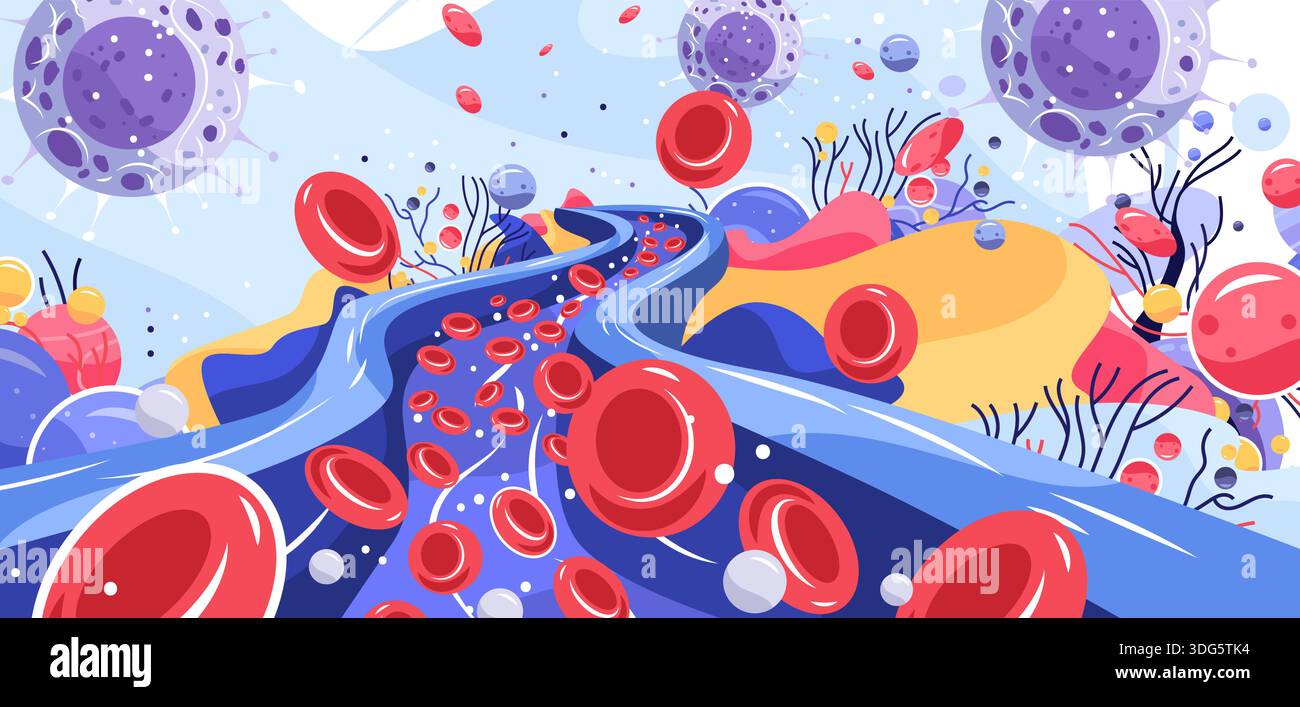Red blood cells bloodstream virus bacteria pathogen infection flowing ...