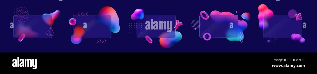 Glass shapes. 3d neon card as transparent ui morphism rectangle, square ...