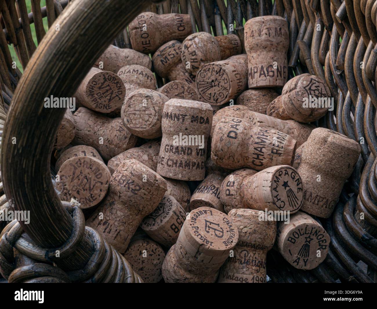CHAMPAGNE CORKS HARVEST CONCEPT French grape pickers harvest basket, selection of fine various varieties of luxury champagne producers corks France Stock Photo