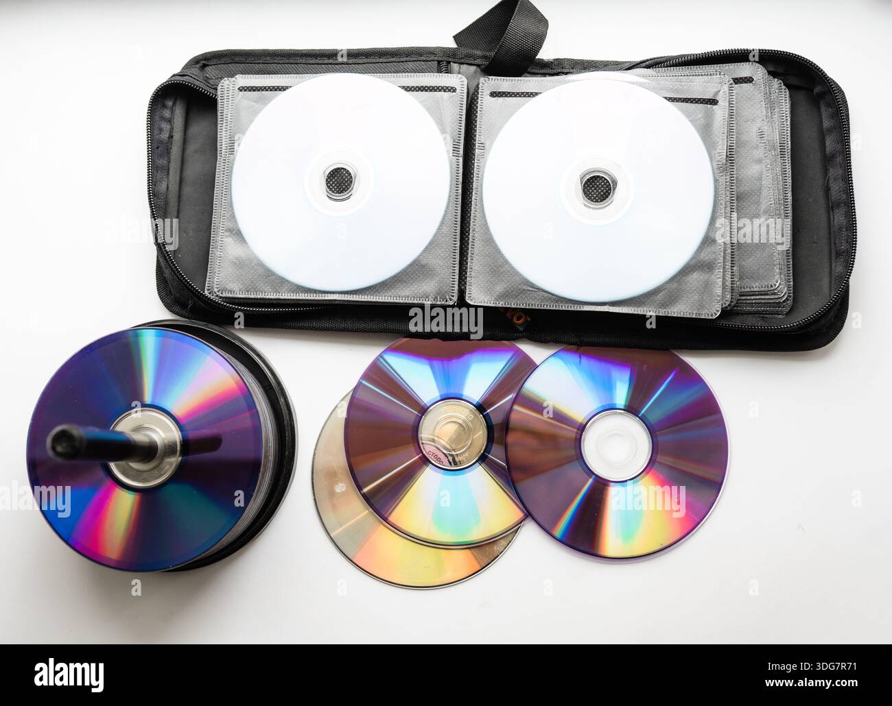 Bunch of CD and DVD discs organized in a disc holder. Stock Photo
