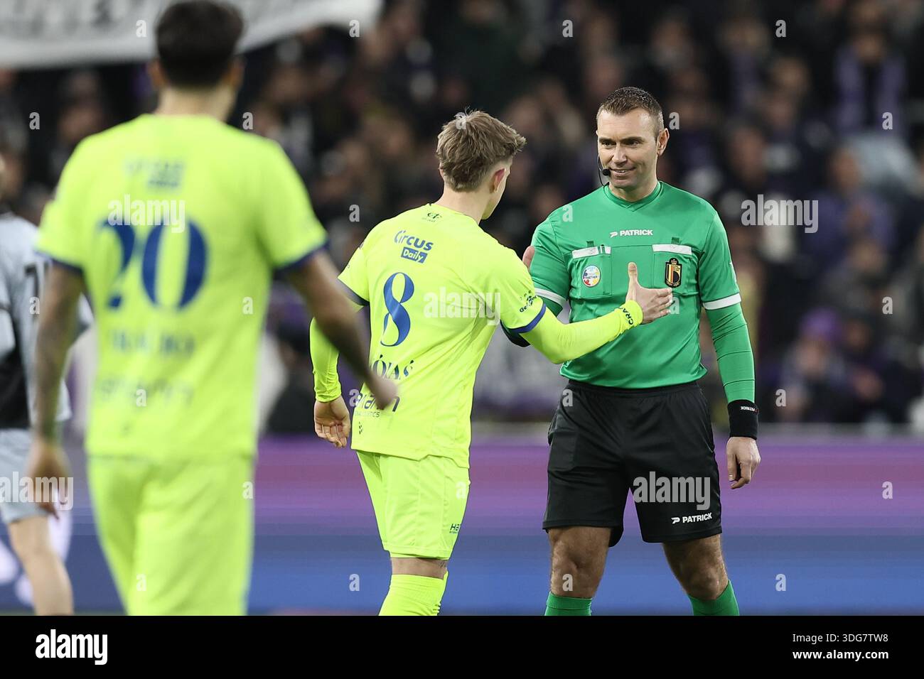 Gent's Michal Skoras and referee Nicolas Laforge pictured at the start ...