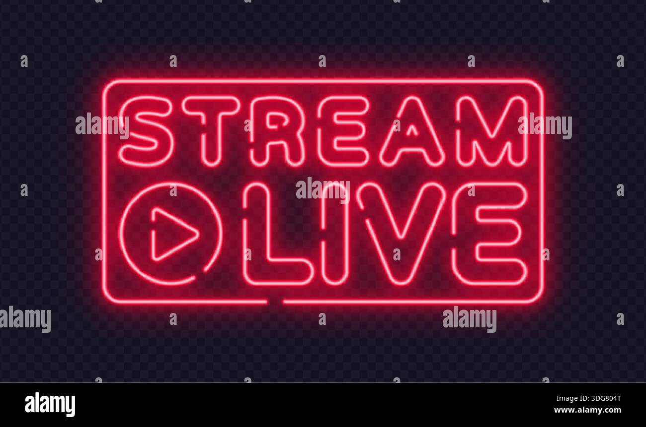 Red neon stream live sign with play icon, designed for broadcasts and ...