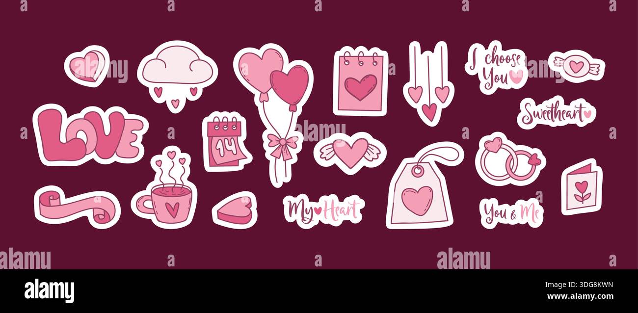 Cute Pink Valentines Day Sticker Pack. Love Doodles, Quotes, and Heart ...