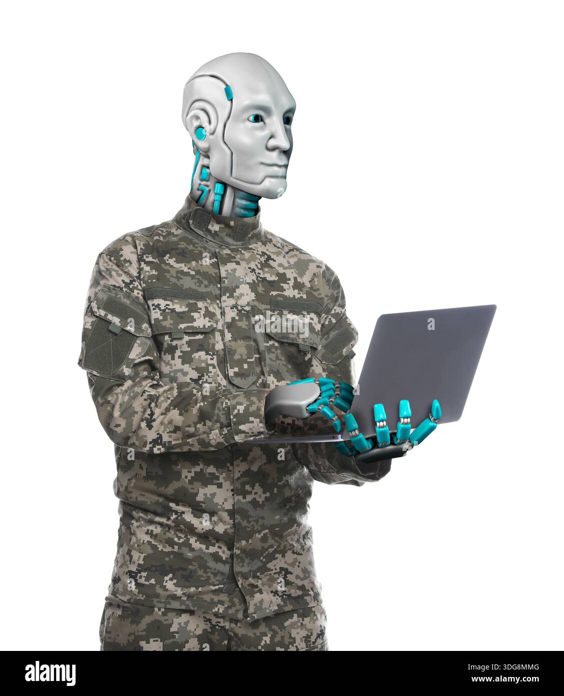 Robot in military uniform using laptop on white background. Future technologies Stock Photo