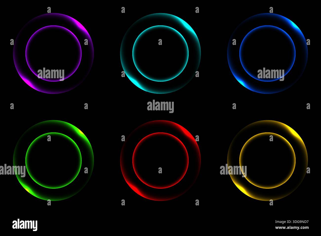 set of six vibrant neon glowing rings in various colors on black ...