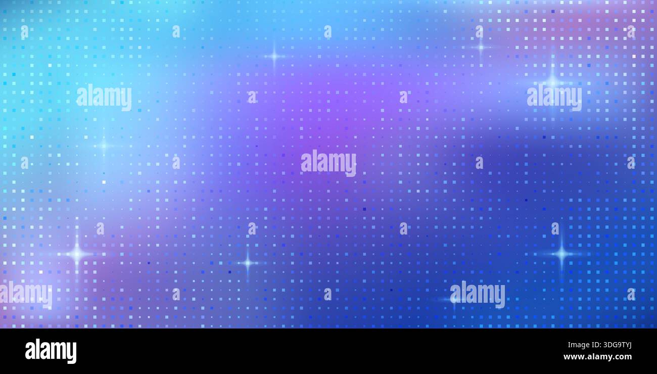 Abstract blue and purple pixel gradient with sparkles. Vector realistic illustration of video screen background with mosaic texture, shimmering aurora color particles, shimmering led display pattern Stock Vector
