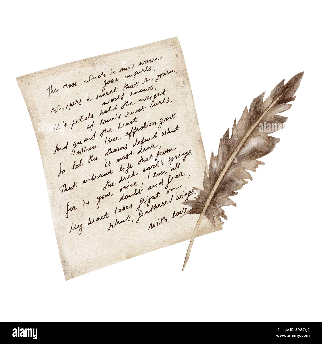 A handwritten beige letter with a brown feather is presented in this ...