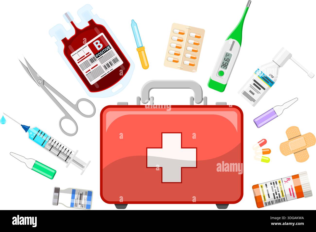 Medicine chest or first aid kit with medicines and medical tools. Flat ...
