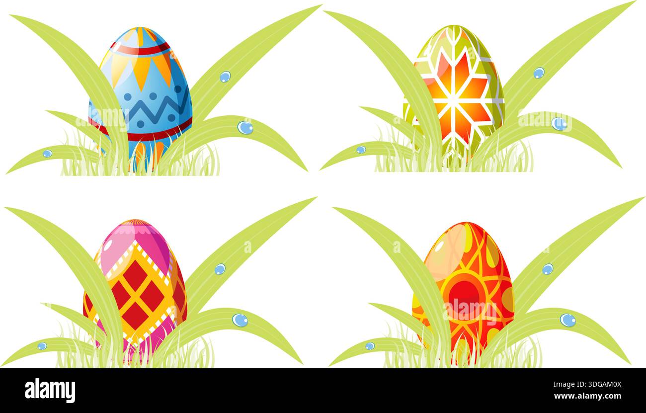 Easter eggs with ornament in grass with bee, element for design, vector illustration Stock Vector