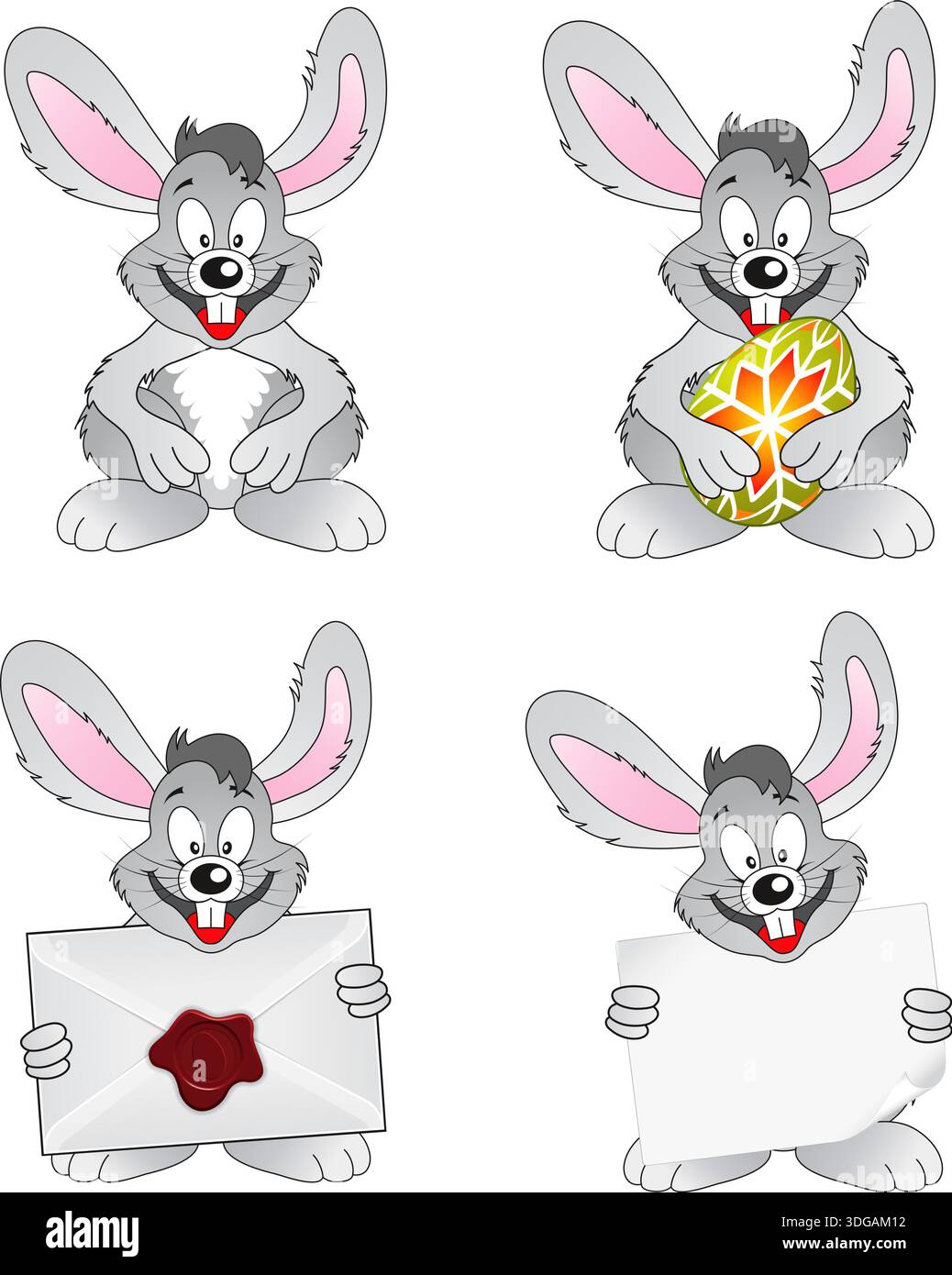 Set Easter Rabbit with Egg, Envelope, Blank Sheet of Paper, Isolated on White Background, vector Stock Vector