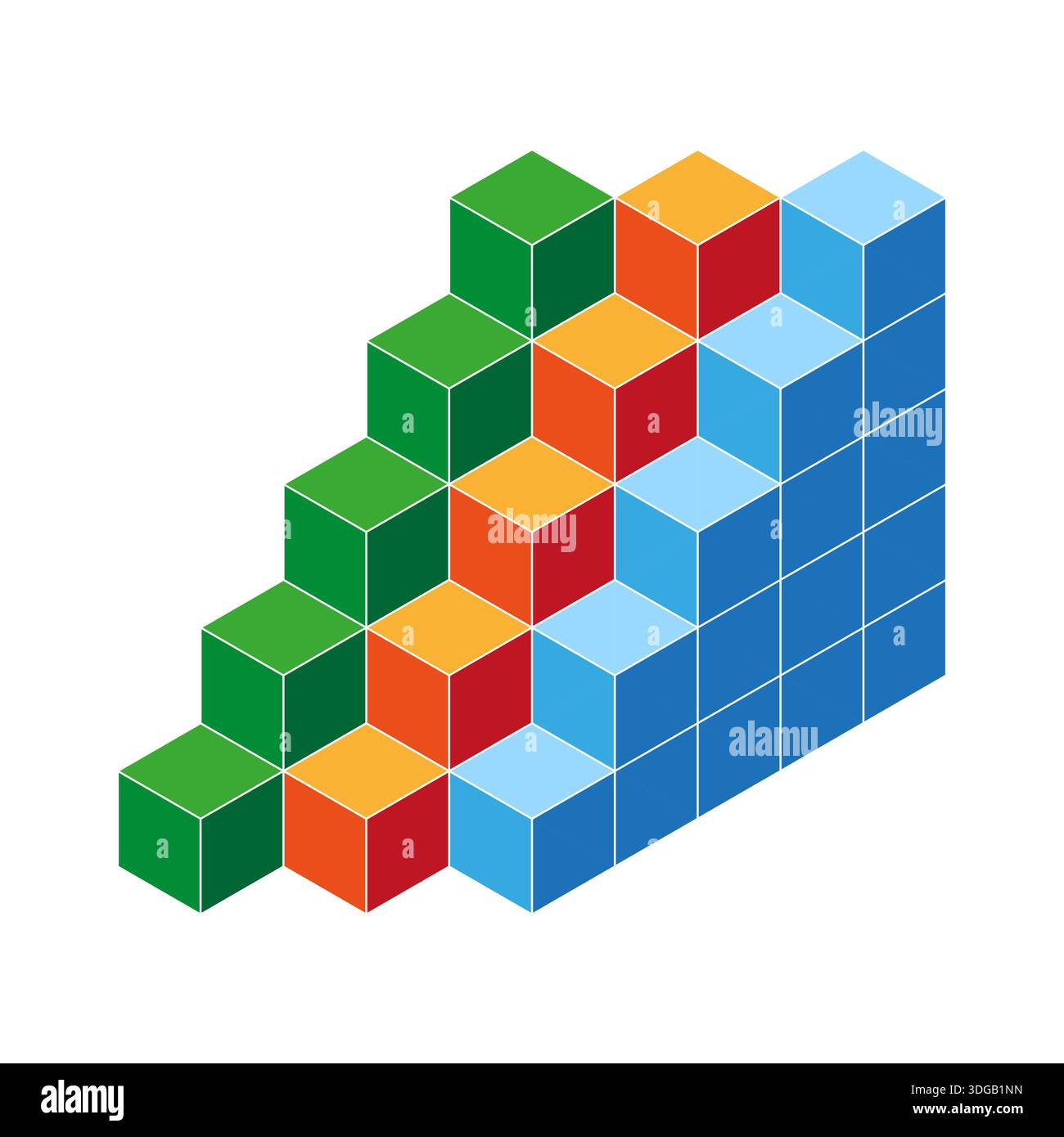 Multi color block. Isometric cube Vector. Geometric prism element. Vibrant stair stack structure. EPS 10. Stock Vector