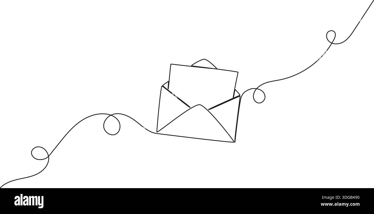 continuous line drawing of letter in open envelope, line art vector illustration Stock Vector