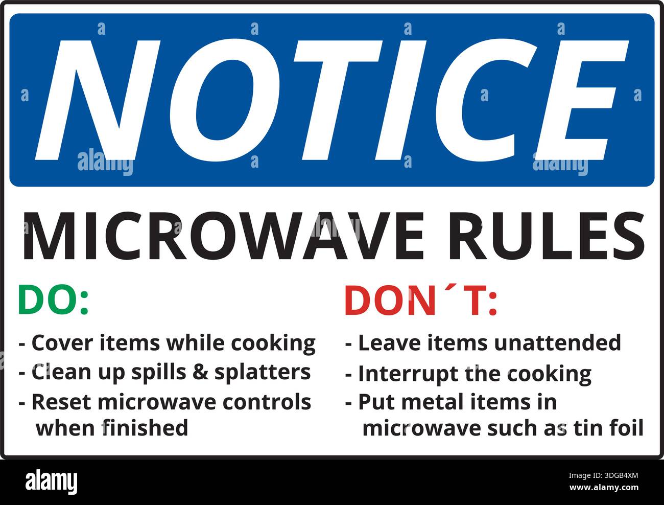 Notice microwave user rules sign isolated on a white background Stock Vector