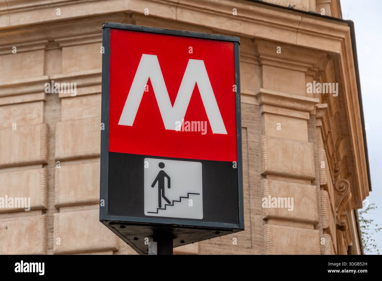 Sign with the letter M, symbol and logo of the Metro of Rome, Italy (in ...