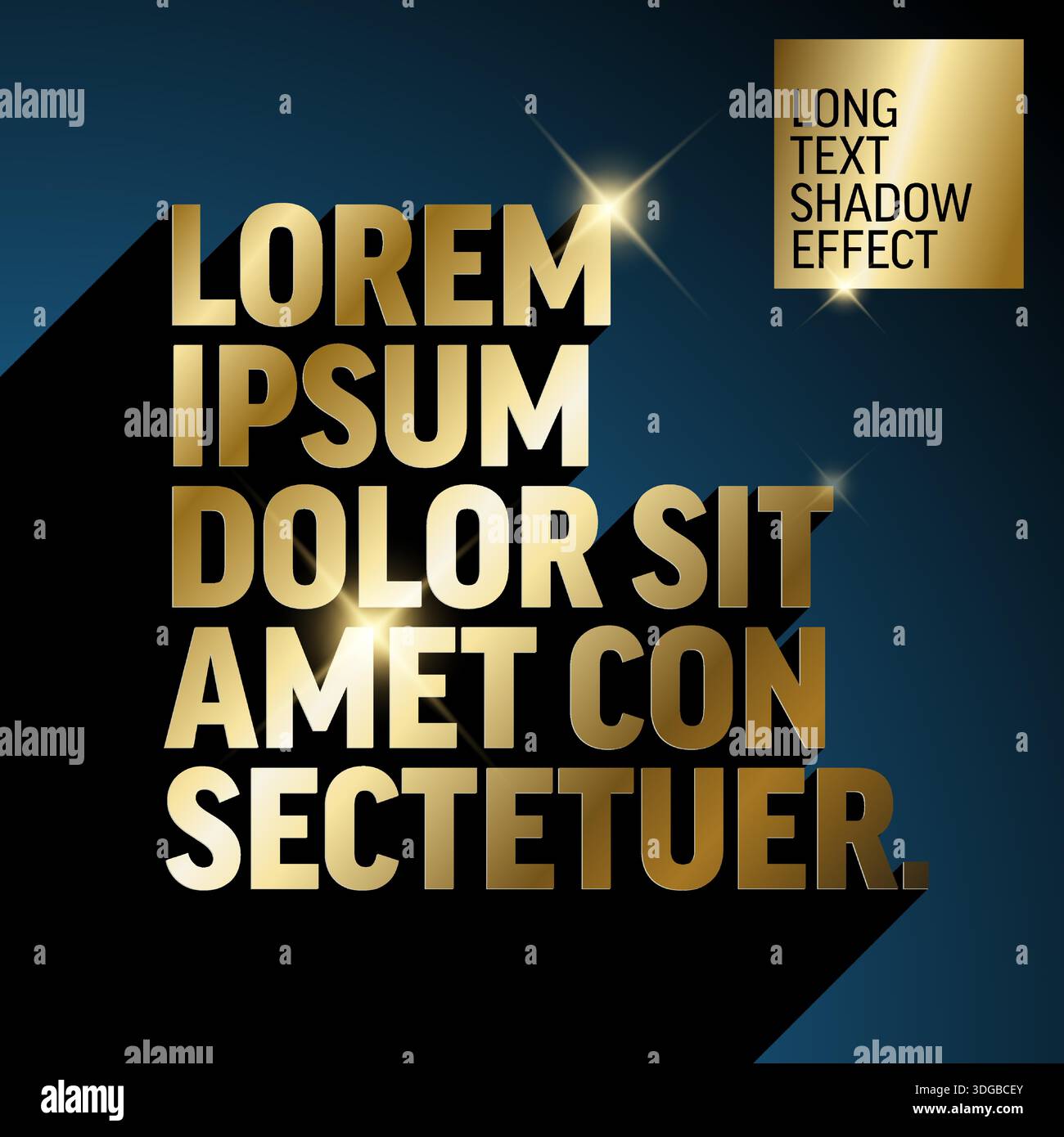 Premium gold text display featuring a dramatic long shadow effect on a dark background. This long shadow effect creates a luxury aesthetic for sophist Stock Vector