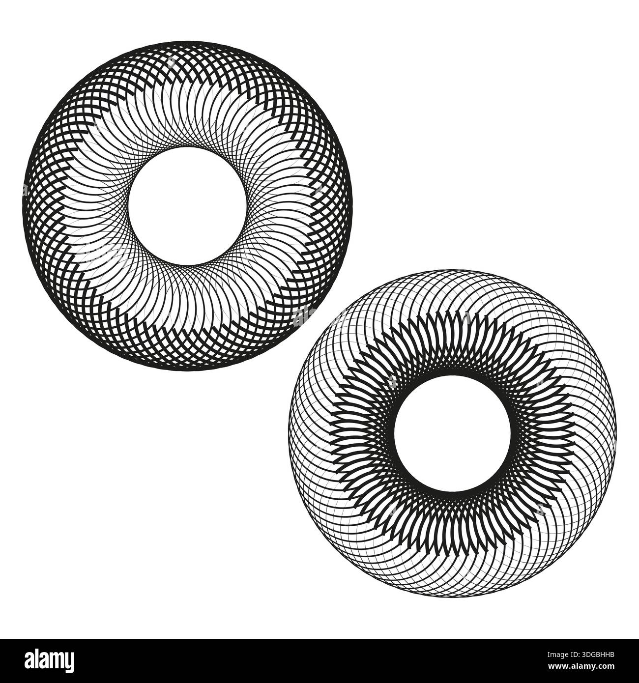 Wire torus set. Mesh ring pair. Geometric grid Vector. 3d circle group. EPS 10. Stock Vector