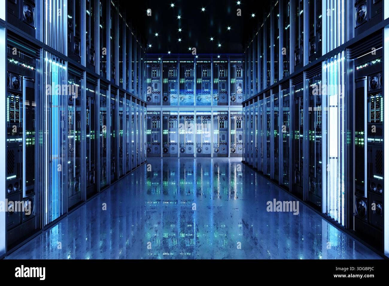 Futuristic Data Center Interior with Modern Server Racks Stock Photo